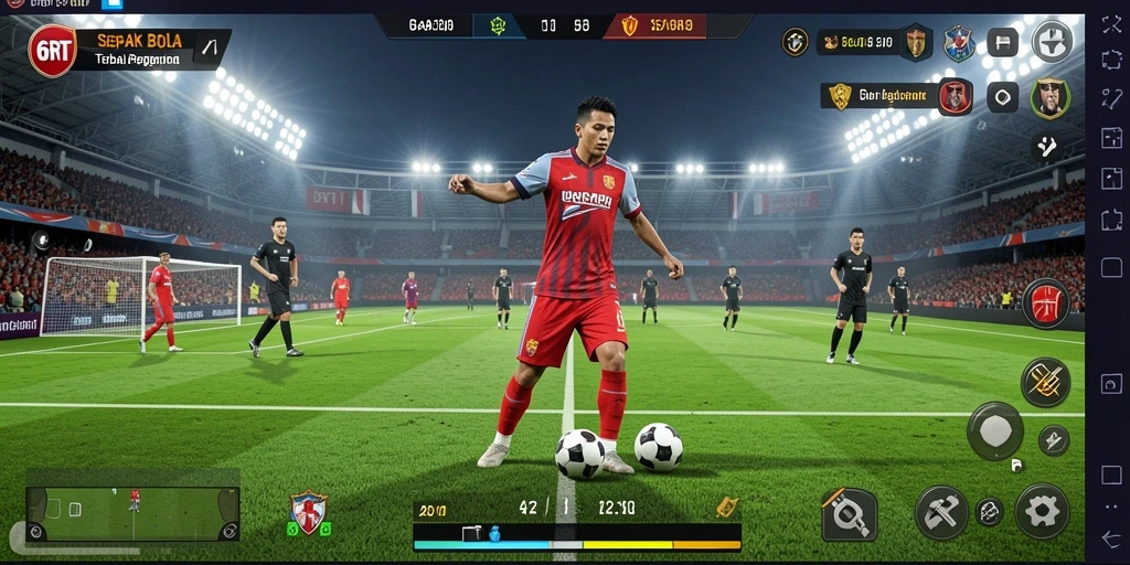 Tampilan permainan sepak bola yang mendebarkan dan realistis.