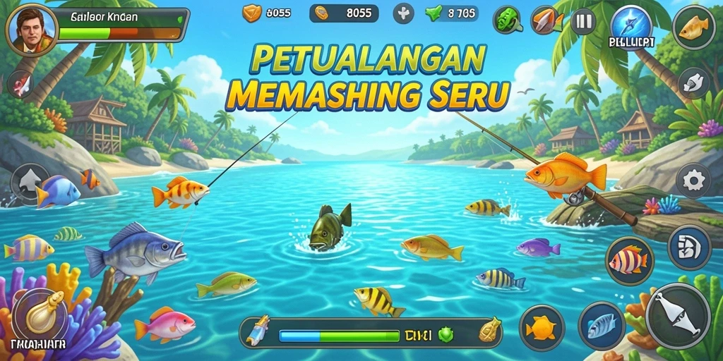 Screenshot dari gameplay <strong>8055</strong> yang menampilkan aksi memancing yang mendebarkan.