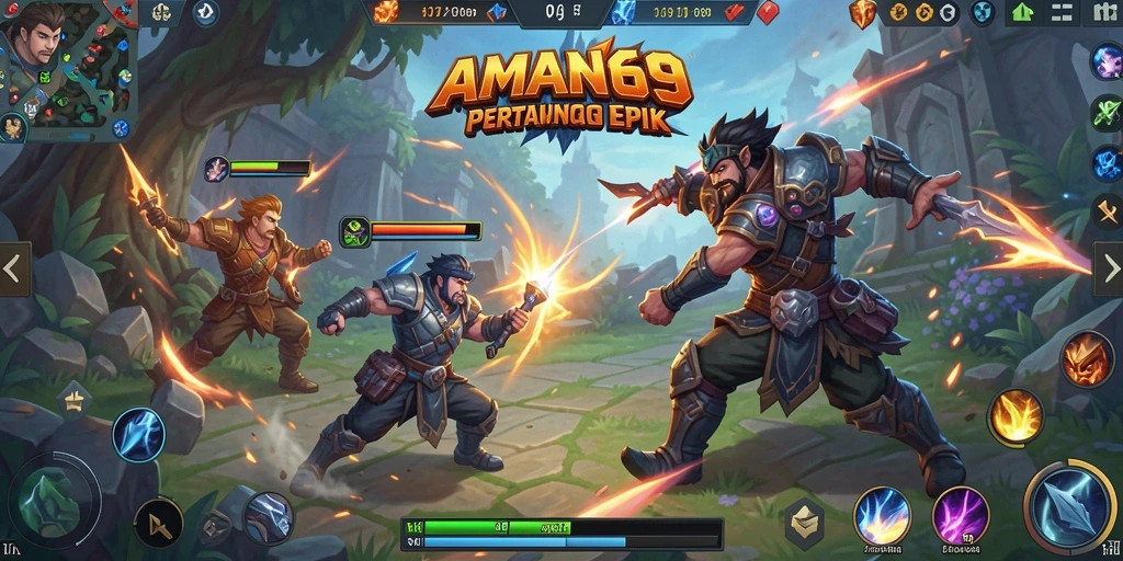 Screenshot gameplay menarik dari AMAN69 dengan aksi karakter MOBA.
