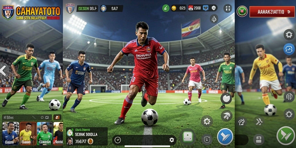 Screenshot gameplay CAHAYATOTO menampilkan aksi sepak bola yang menegangkan.