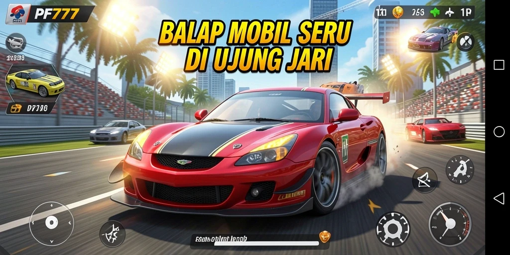 Screenshot PF777 menampilkan aksi balap mendebarkan dengan berbagai mobil.