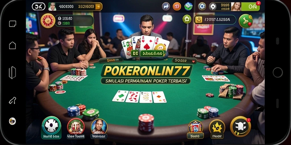 Screenshot utama POKERONLIN77 menampilkan gameplay simulasi poker yang mendebarkan.
