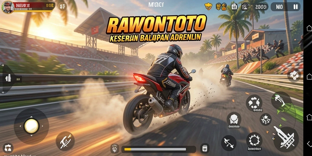 Screenshot RAWONTOTO menampilkan intensitas balapan motor yang mendebarkan.