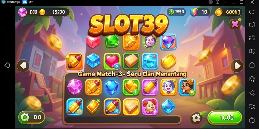 Tangkapan layar gameplay SLOT39 menampilkan level Match-3 yang berwarna-warni.